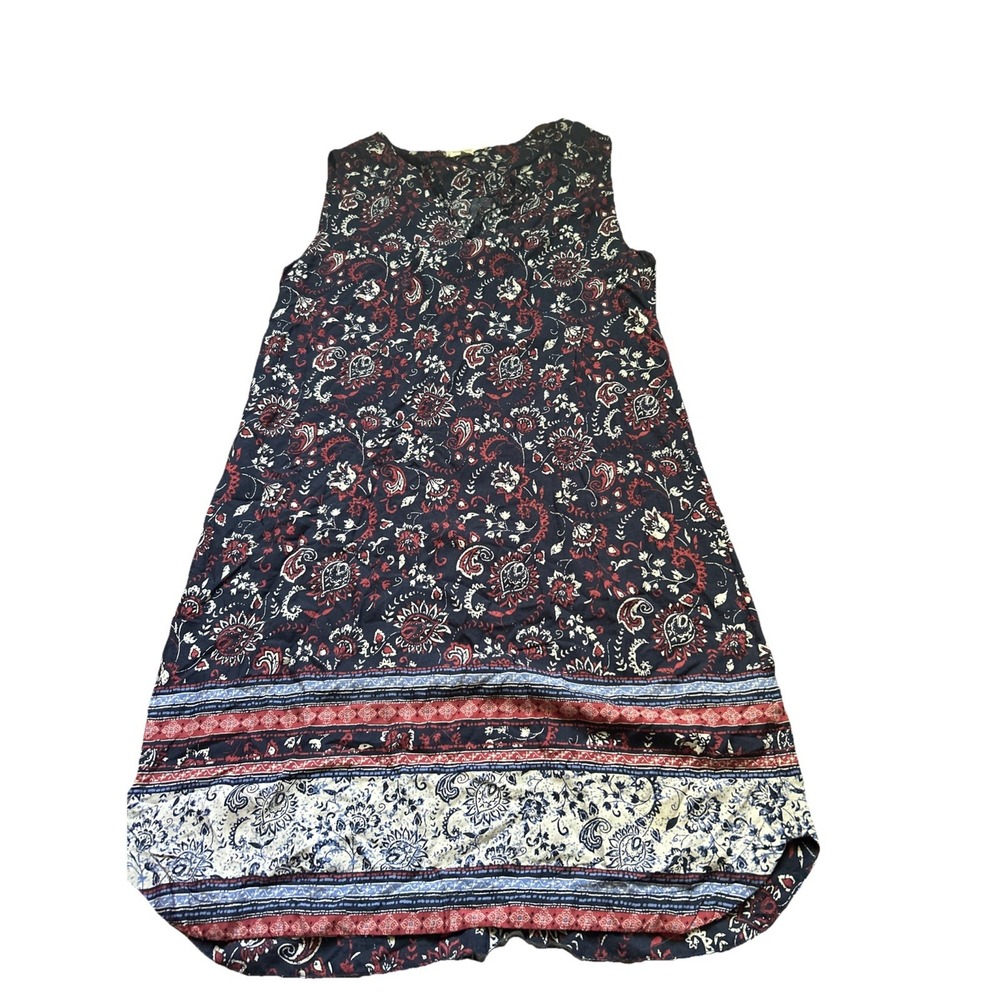 Beach Lunch Lounge Womens Small Blue Floral Sleeveless Dress Keyhole Tassel
